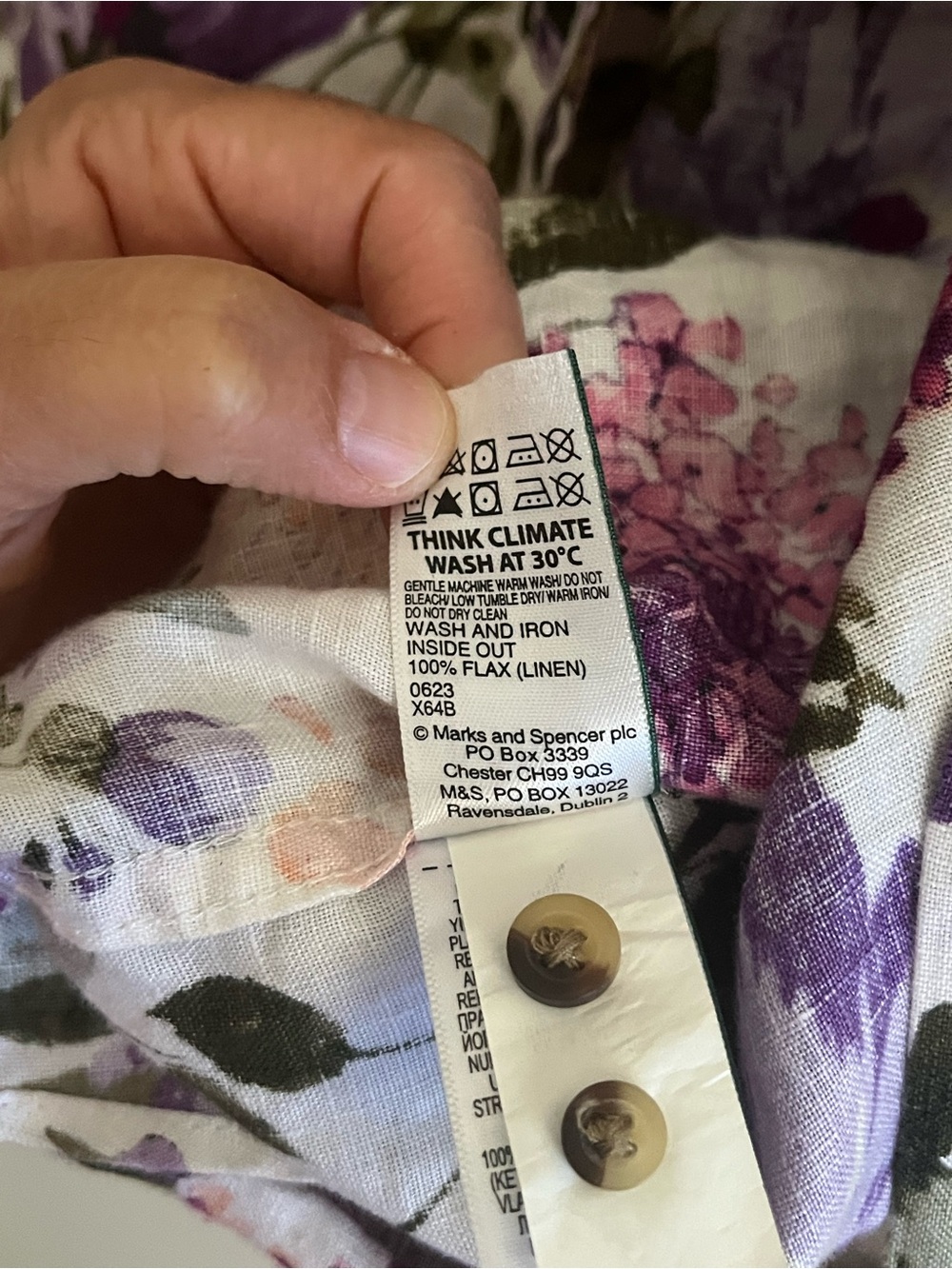 M&S Pure Linen Floral Button-Up — Purple & Pink Bloom- Small PTP 20 inch - Picture 7 of 7